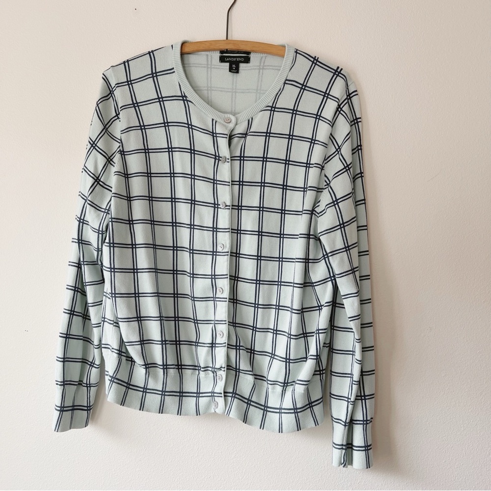 Lands End women's mint navy blue check supima cotton long sleeve cardigan preppy